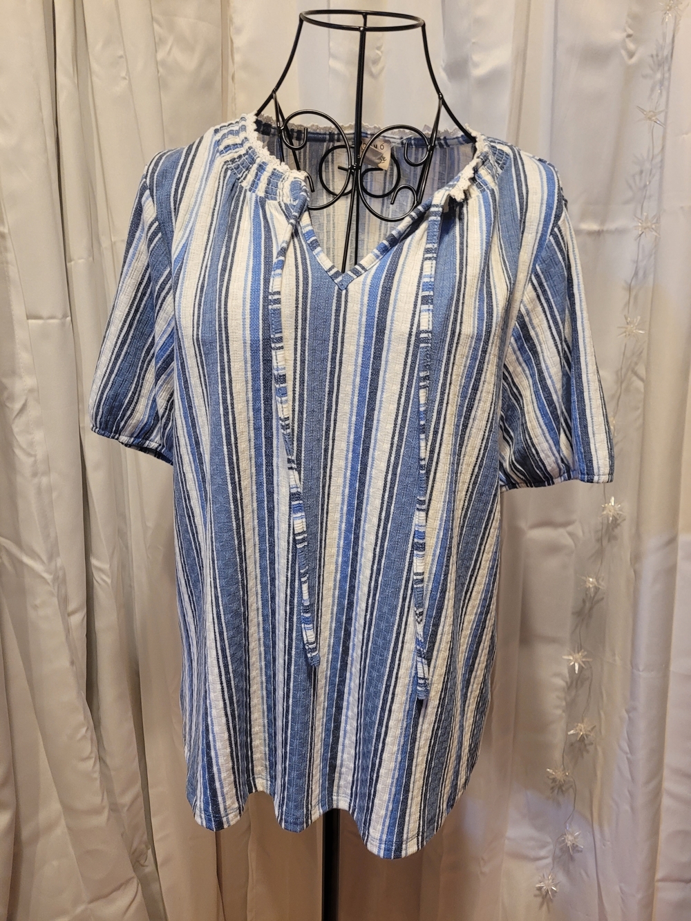Como Vintage Blue & White Striped Peasant Blouse